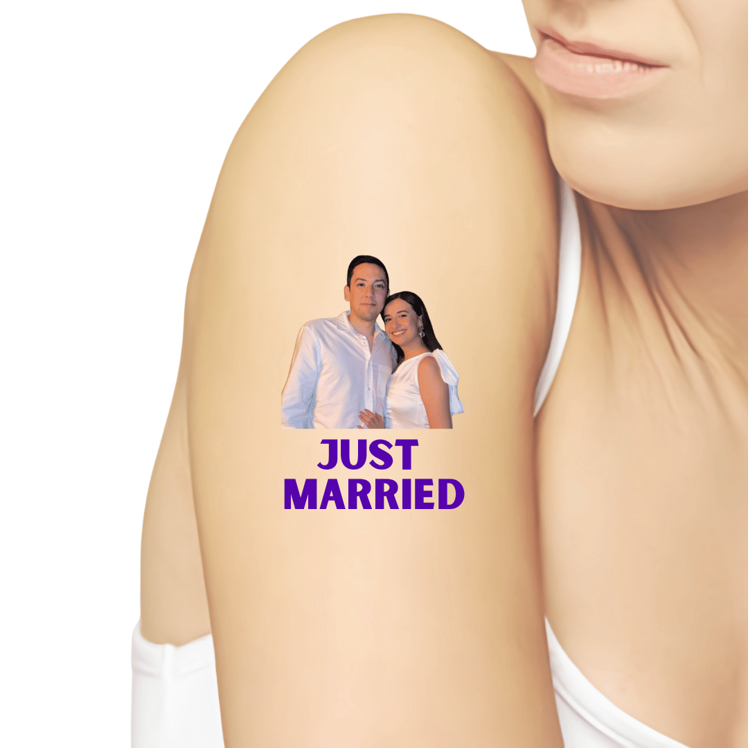 Just Married | Tatuajes Temporales Personalizados con Foto o Texto para Novio, Novia, Mujer, Hombre, Mamá, Papá, Hermanos, Amigos | Regalo para Mujer, Novia, Ella, Hombres, Esposo, Él, Novio, Familia, Fiesta