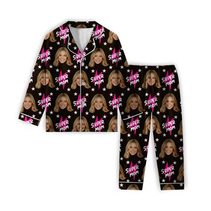 Patrón Super Mom | Pijama Personalizada con Foto de Cara para Mujer | Regalo Único para Mamás, Cumpleaños, Día de las Madres, Esposas, Amigas