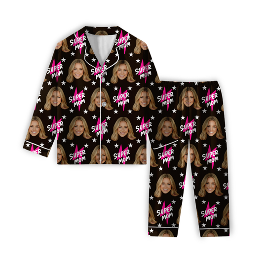 Patrón Super Mom | Pijama Personalizada con Foto de Cara para Mujer | Regalo Único para Mamás, Cumpleaños, Día de las Madres, Esposas, Amigas