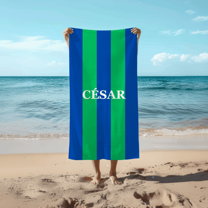 Nombre Personalizado | Toalla de Playa con Rayas Azules y Verdes | Regalo Original para Mujer, Hombre, Amigos, Cumpleaños, Verano, Vacaciones, Playa, Piscina