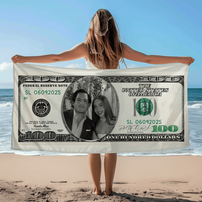 Billete Personalizado con Foto | Toalla Original con Diseño de Dólar de $100 | Regalo Divertido para Hombre, Mujer, Novio, Novia, Parejas, Amigos | Playa, Baño, Gimnasio