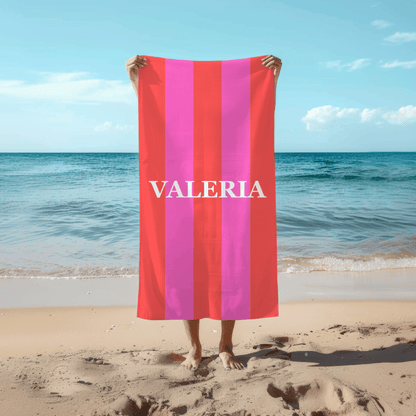 Nombre Personalizado | Toalla de Playa con Rayas Rojas y Rosas | Regalo Original para Mujer, Hombre, Amigos, Cumpleaños, Verano, Vacaciones, Playa, Piscina