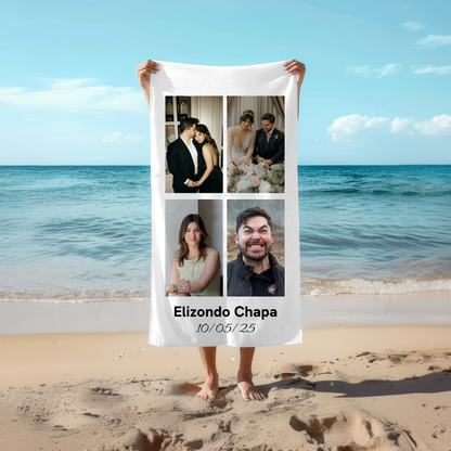 Collage 4 Fotos y Texto | Toalla Personalizada con Caras o Imagen | Regalo Original para Playa, Baño, Gimnasio, Hombre, Mujer, Amigos